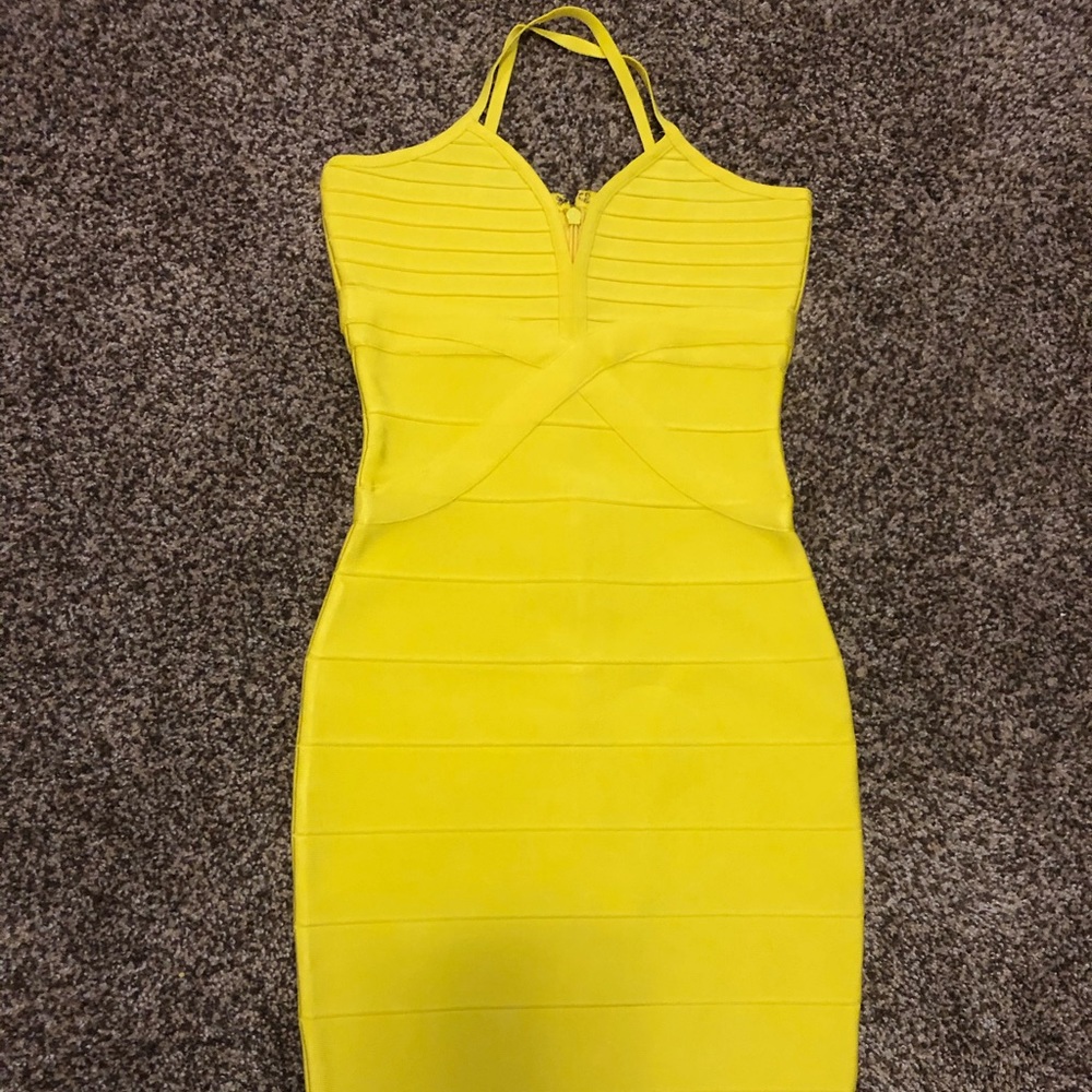 Yellow body con bandage dress